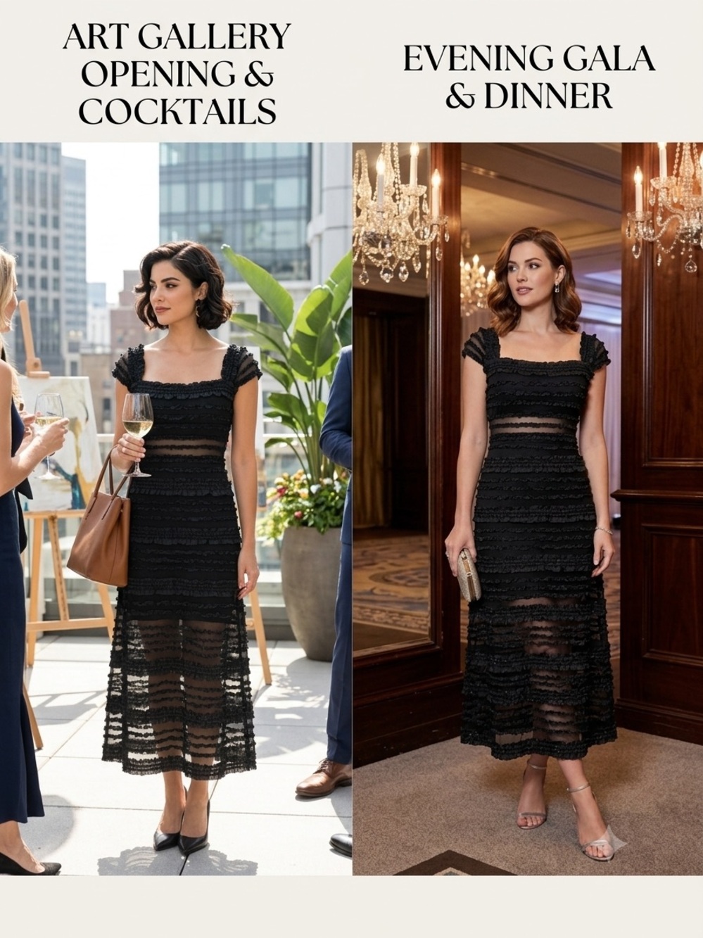Vintage Tadashi Black Metalic Ruffle Sheer Mesh Cocktail Illusion Dress Size 4P - Picture 3 of 14